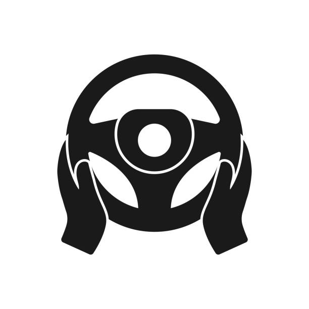 Steering wheel icon. Hands on steering wheel. Driver. Driving car. Test drive. Vector icon isolated on white background.